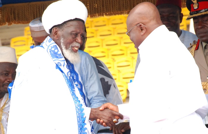 President Akufo-Addo (right) being welcome at the Independence Square by Chief Imam, Sheikh Osman Nuhu Sharubutu